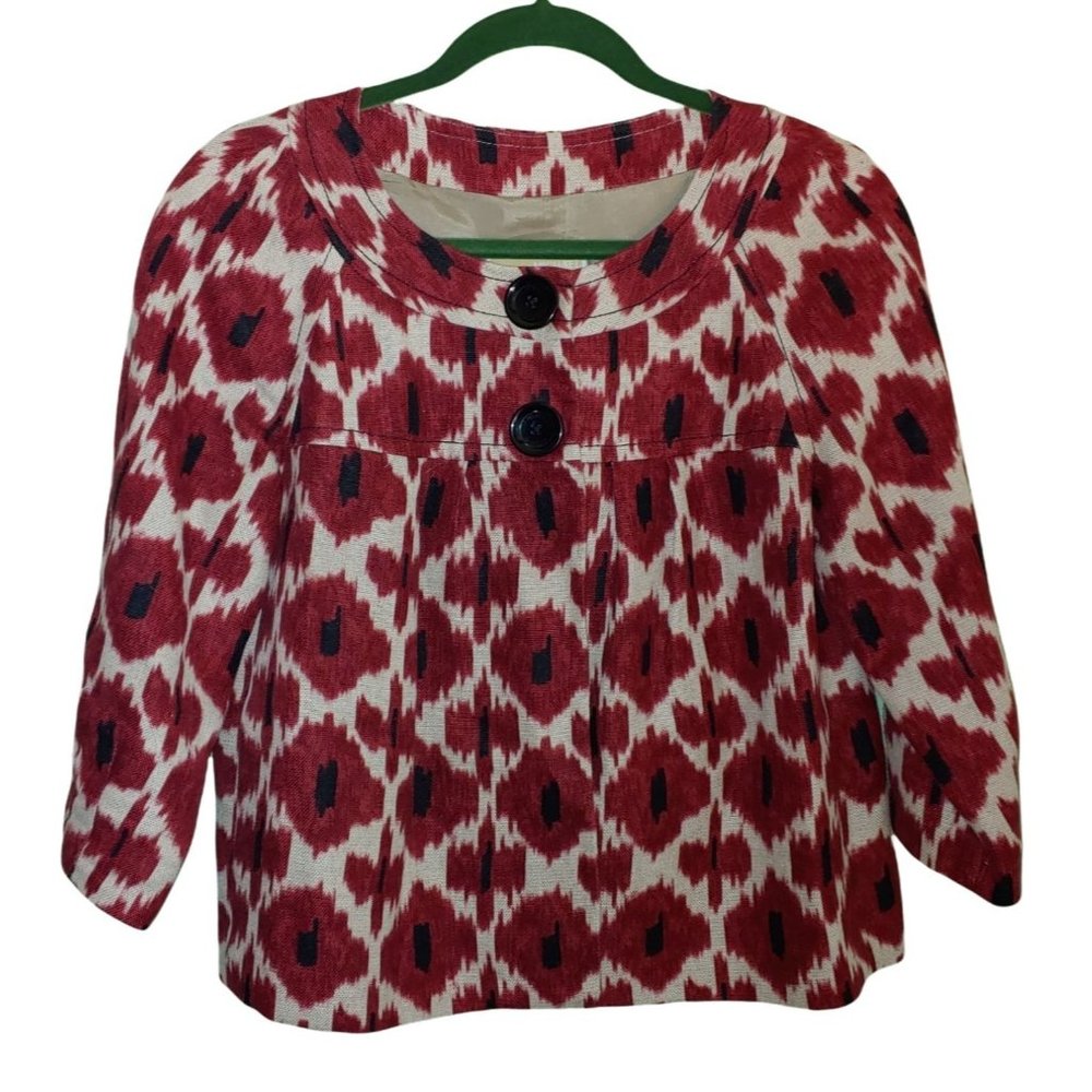 Michael by Michael Kors Abstract Floral Tan and Red Linen Jacket Women's Medium